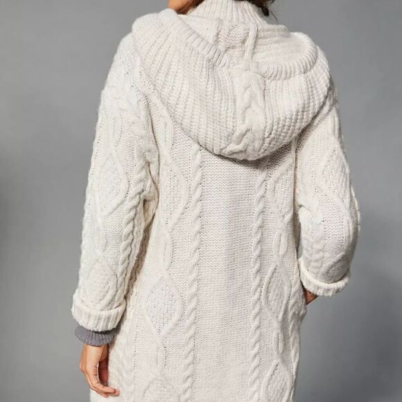 Anthropologie Nordic Hooded Cable-Knit Cardigan In Sand (Ivory) Size XS/S NWT - Picture 5 of 10